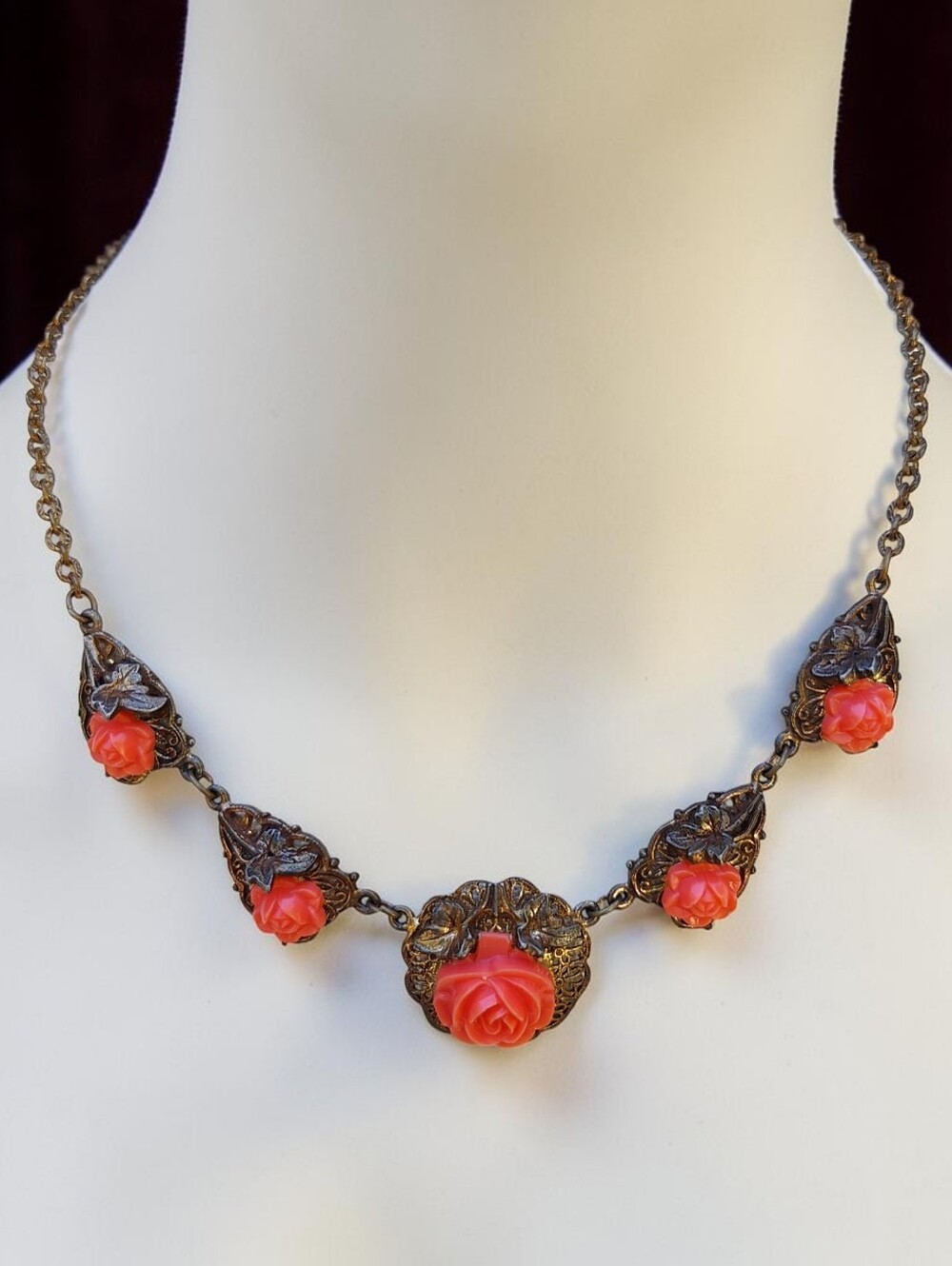 Antique Coral Celluloid Roses Necklace